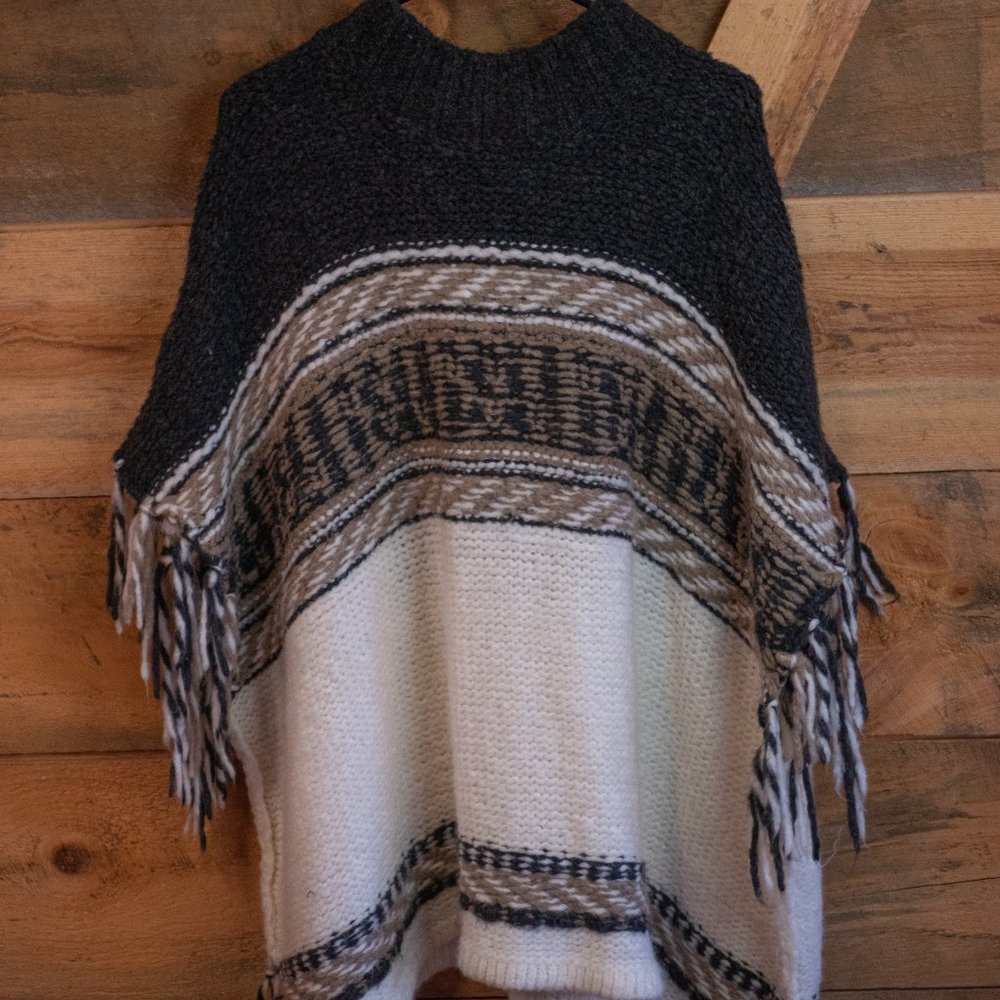 Free People Labyrinth Fringe Poncho Sweater